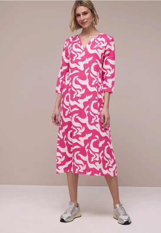 Street One Frauen Midi-Kleid aus Leinen mit Print in Pink, Gr: 38