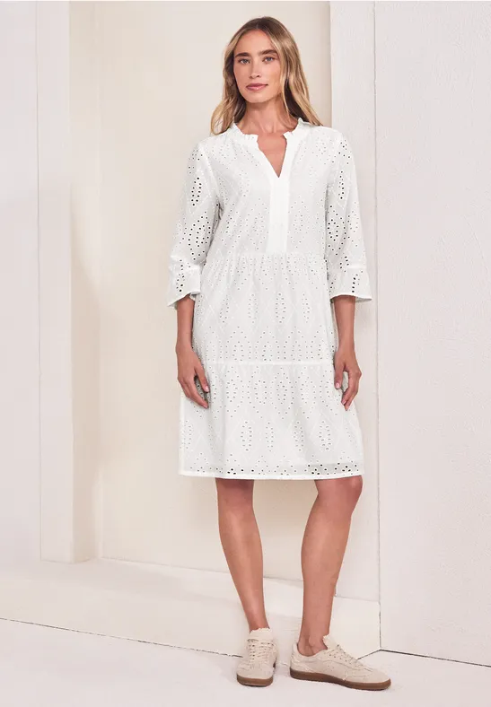 Street One Frauen Knielanges Kleid mit Shiffleymuster in Weiß, Gr: 42