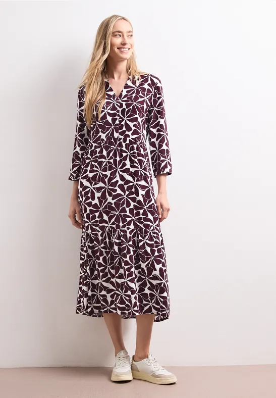 Midi-Kleid mit Split Neck und Print Rot
