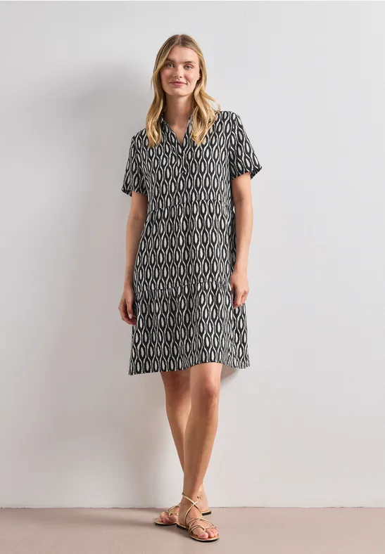Knielanges Kleid mit Kurzarm und Print female Beige