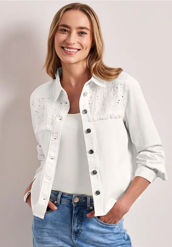 Street One Frauen Jeansjacke mit Knopfleiste und Stickerei in Beige, Gr: 40
