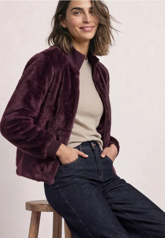 Fake Fur Blouson mit Strickdetails und Print