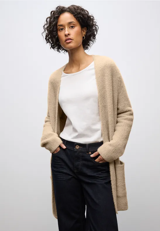 Street One Frauen Langer Federgarn Cardigan in Beige, Gr: 44