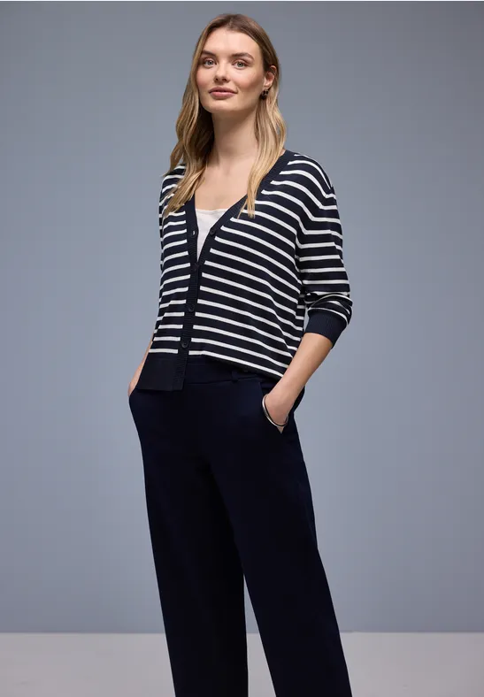 Street One Frauen Gestreifter Cardigan in Blau, Gr: 42