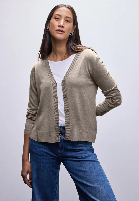 Street One Frauen Strickjacke mit V-Ausschnitt in Beige, Gr: 44