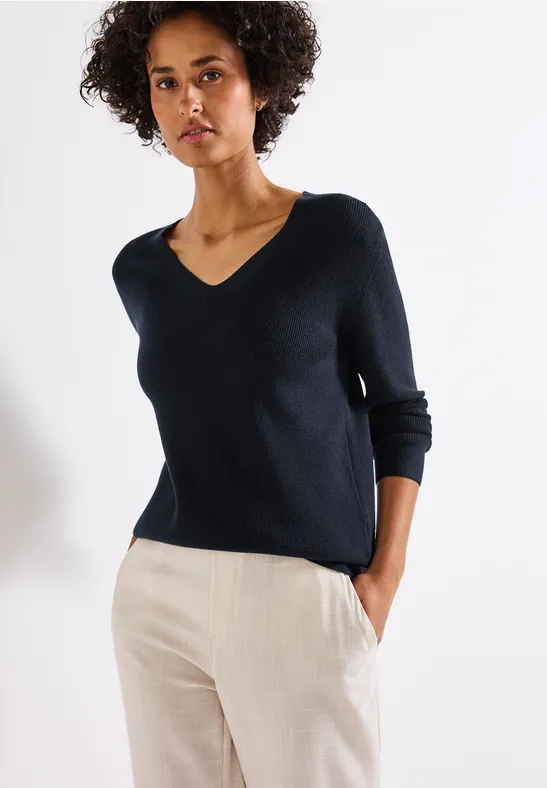 Thumbnail - Street One Frauen Basic V-Neck Pullover in Blau, Gr: 38