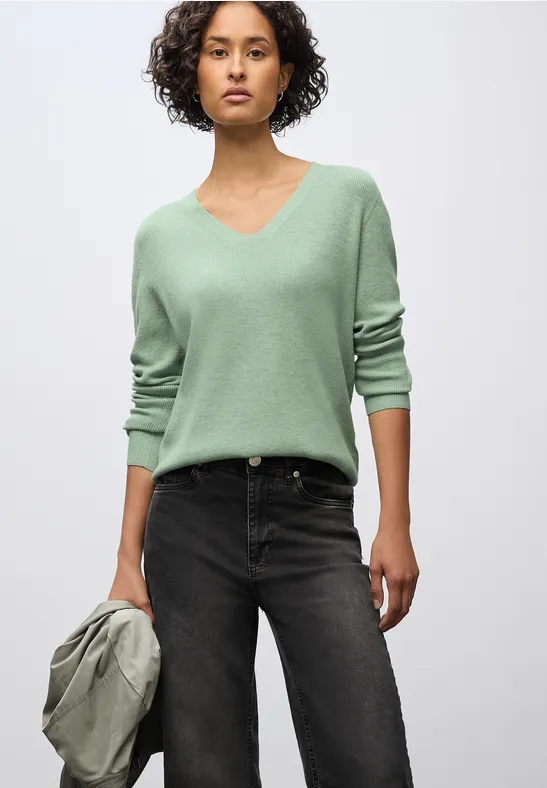 Thumbnail - Street One Frauen Basic V-Neck Pullover in Grün, Gr: 36