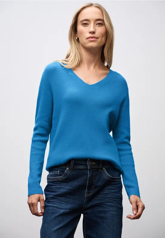 Thumbnail - Street One Frauen Basic V-Neck Pullover in Blau, Gr: 44
