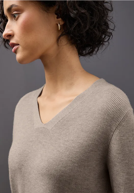 Thumbnail - Street One Frauen Basic V-Neck Pullover in Beige, Gr: 40