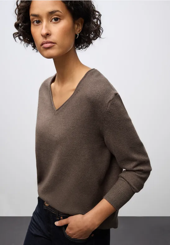 Thumbnail - Street One Frauen Kuscheliger V-Neck Pullover in Braun, Gr: 36