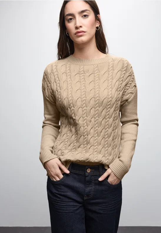 Street One Frauen Pullover mit Zopfmuster in Beige, Gr: 36
