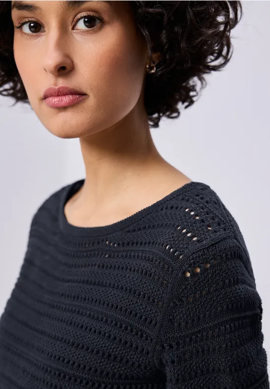 Thumbnail - Street One Frauen Langarm Pullover mit U-Boot-Ausschnitt in Blau, Gr: 46