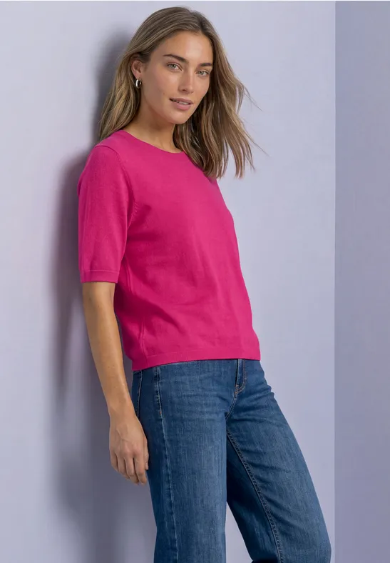 Kurzarm Pullover mit Rundhals in Unifarbe