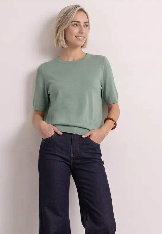 Kurzarm Pullover mit Rundhals in Unifarbe