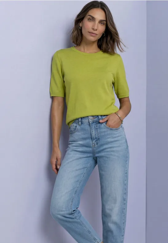 Kurzarm Pullover mit Rundhals in Unifarbe