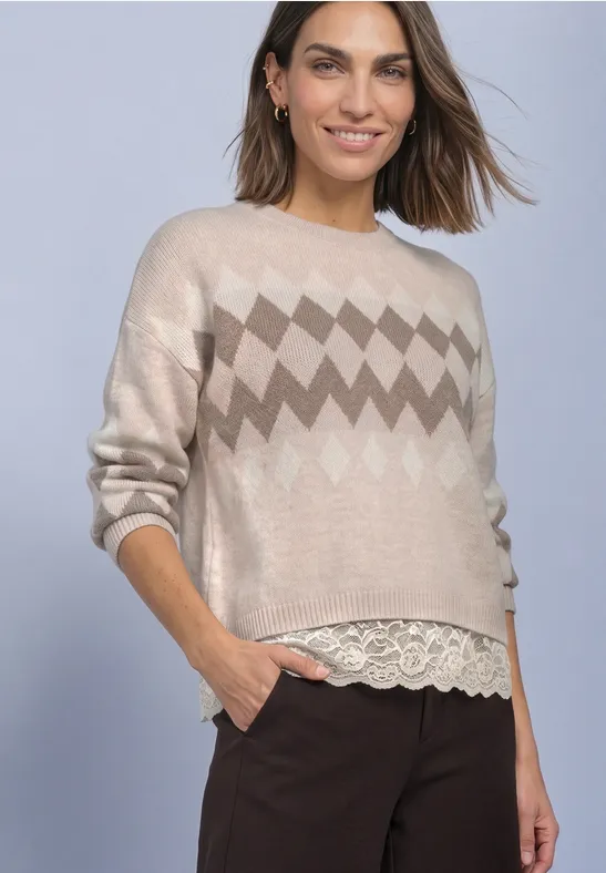 Pullover mit Jacquardmuster und Spitze