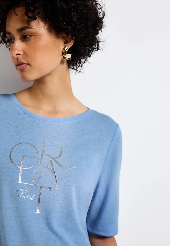 Thumbnail - Street One Frauen T-Shirt mit Folien-Wording in Blau, Gr: 40
