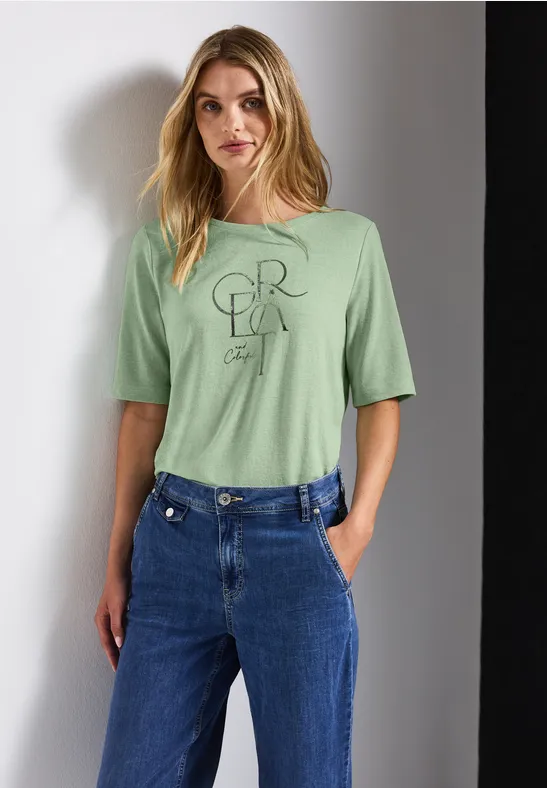 Thumbnail - Street One Frauen T-Shirt mit Folien-Wording in Grün, Gr: 42