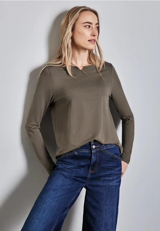 Thumbnail - Street One Frauen Shirt mit Ausschnitt-Detail in Braun, Gr: 34