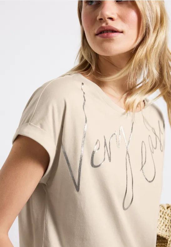 Street One Frauen T-Shirt mit Folien-Wording in Beige, Gr: 34