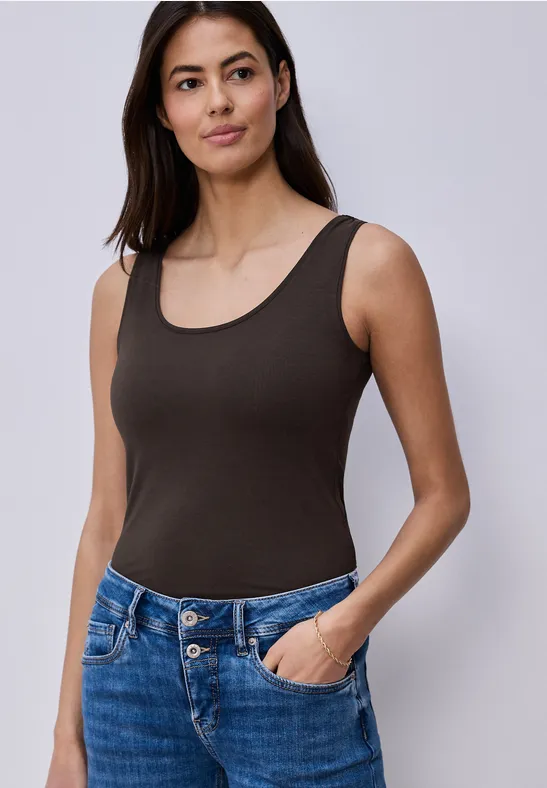 Street One Frauen Basic Top mit Rundhals in Unifarbe in Braun, Gr: 42