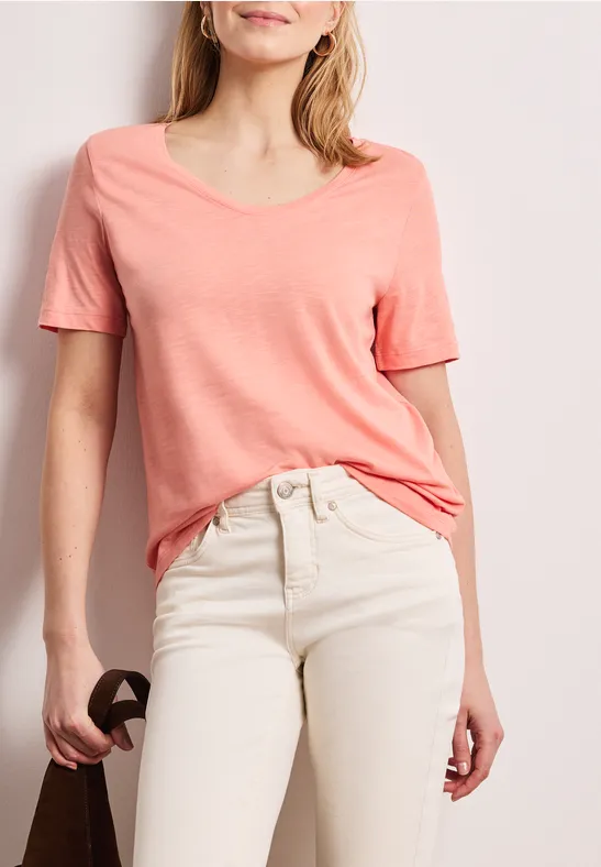 Street One Frauen Basic T-Shirt mit V-Neck in Unifarbe in Orange, Gr: 34