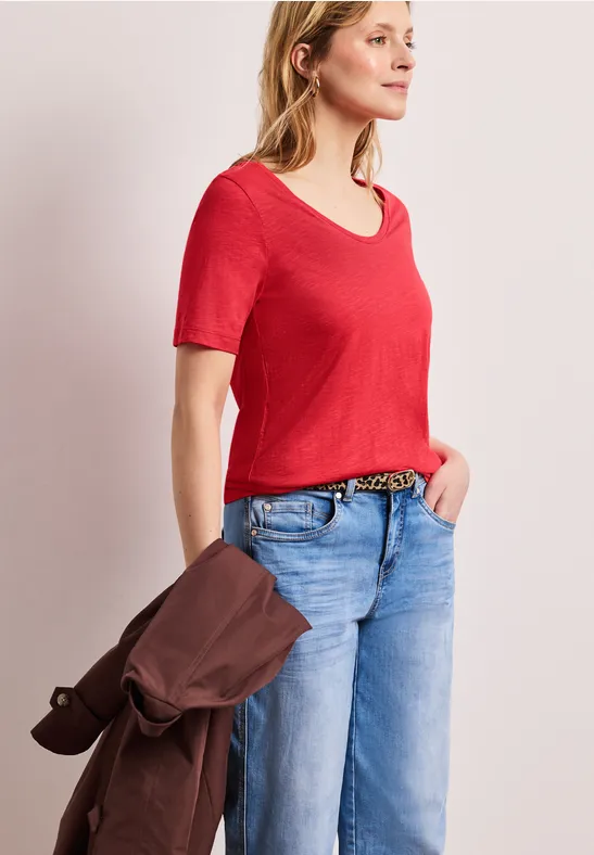 Street One Frauen Basic T-Shirt mit V-Neck in Unifarbe in Rot, Gr: 42