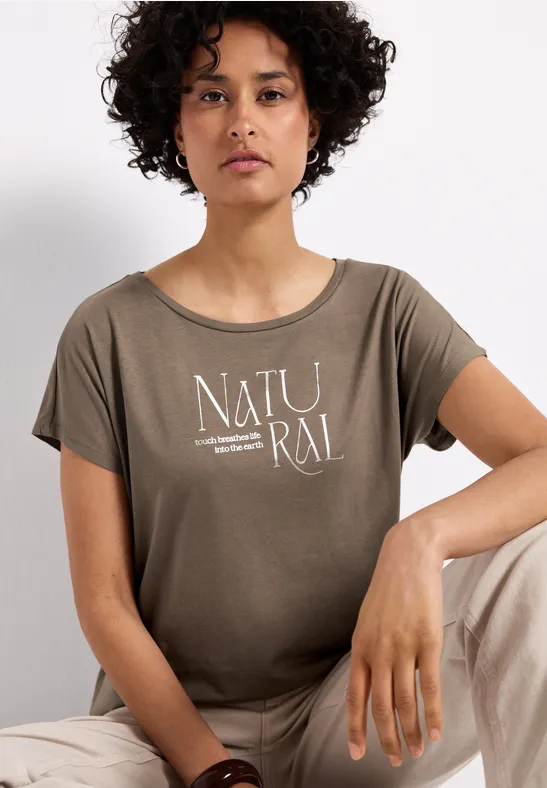 Thumbnail - Street One Frauen Shirt mit Glitzer-Wording in Braun, Gr: 34