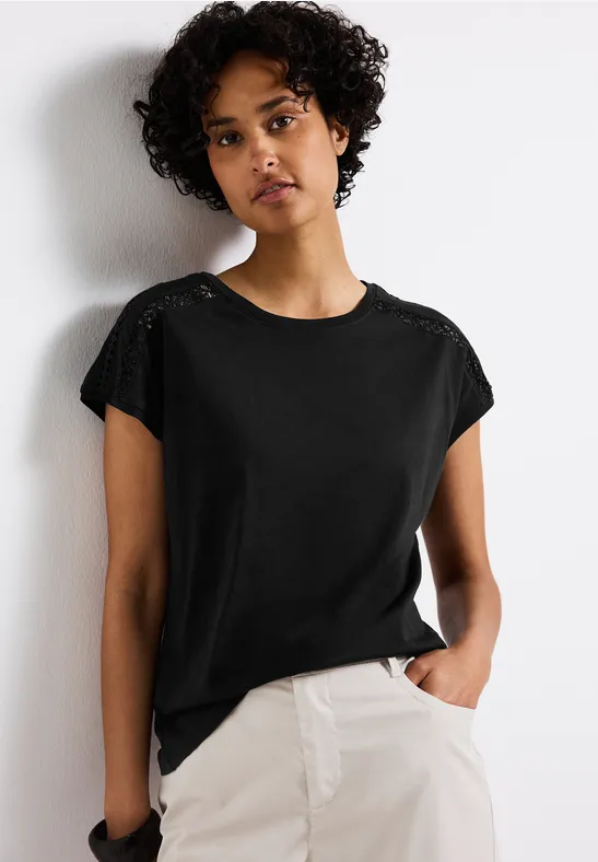 Street One Frauen T-Shirt mit Häkeldetails in Schwarz, Gr: 34