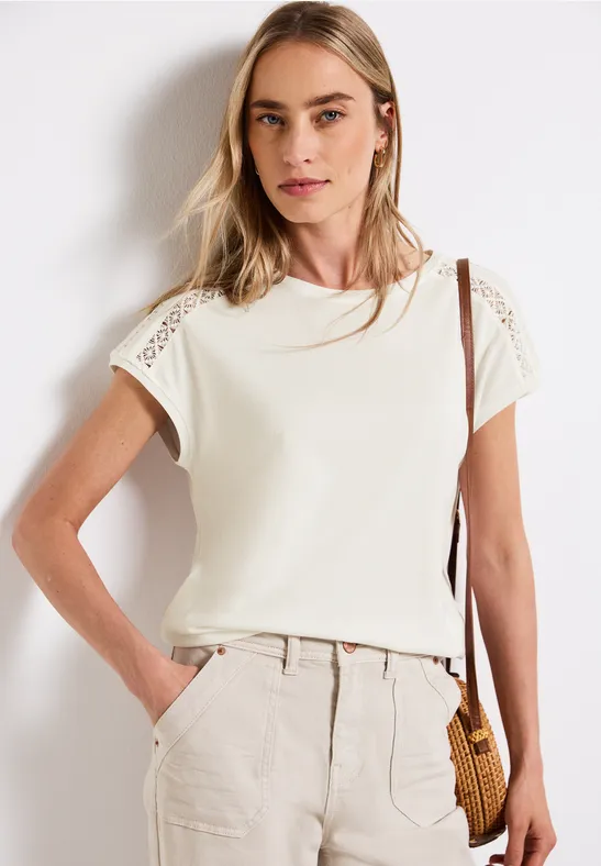 Thumbnail - Street One Frauen T-Shirt mit Häkeldetails in Weiß, Gr: 40