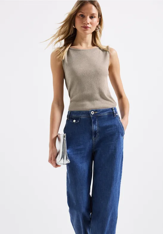 Thumbnail - Street One Frauen Glitzerndes Rippstruktur-Top in Beige, Gr: 46