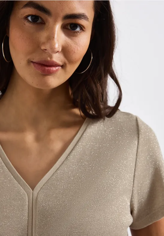 Thumbnail - Street One Frauen Glitzer-Shirt mit Tapedetail in Beige, Gr: 34