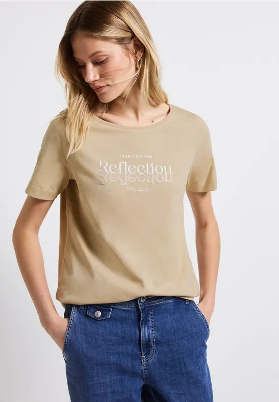 Thumbnail - Street One Frauen T-Shirt mit Folienwording in Beige, Gr: 46