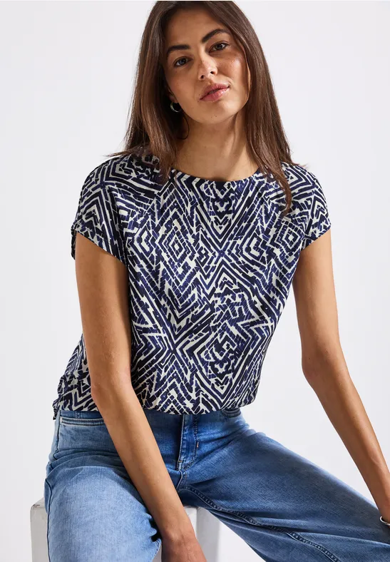 Thumbnail - Street One Frauen Materialmix Shirt mit Muster in Blau, Gr: 38