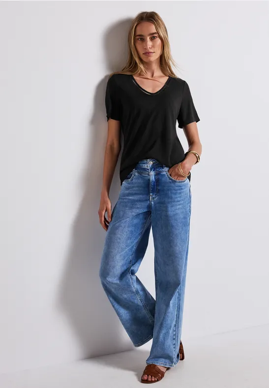 Street One Frauen Leinen-Look T-Shirt in Schwarz, Gr: 36