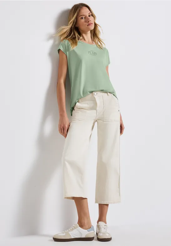 Thumbnail - Street One Frauen Basic Shirt mit Wording in Grün, Gr: 36