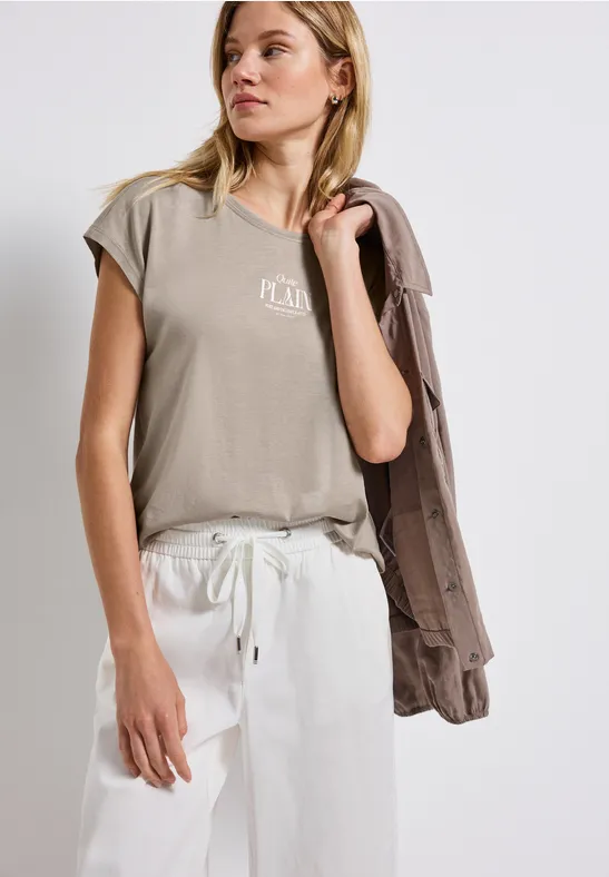 Thumbnail - Street One Frauen Basic Shirt mit Wording in Beige, Gr: 44