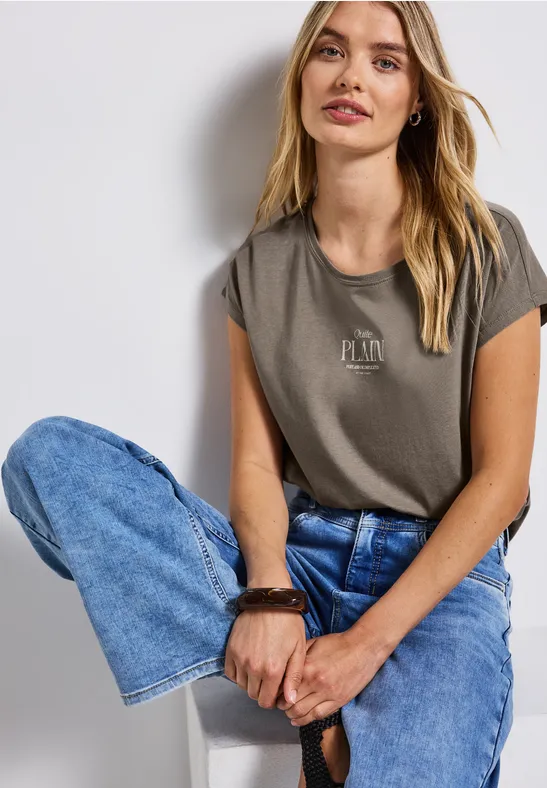 Thumbnail - Street One Frauen Basic Shirt mit Wording in Braun, Gr: 34