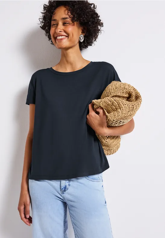 Thumbnail - Street One Frauen Jersey-Shirt mit Mesh-Detail in Blau, Gr: 38