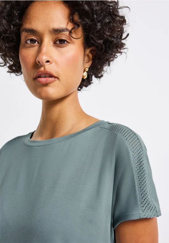 Thumbnail - Street One Frauen Jersey-Shirt mit Mesh-Detail in Blau, Gr: 42