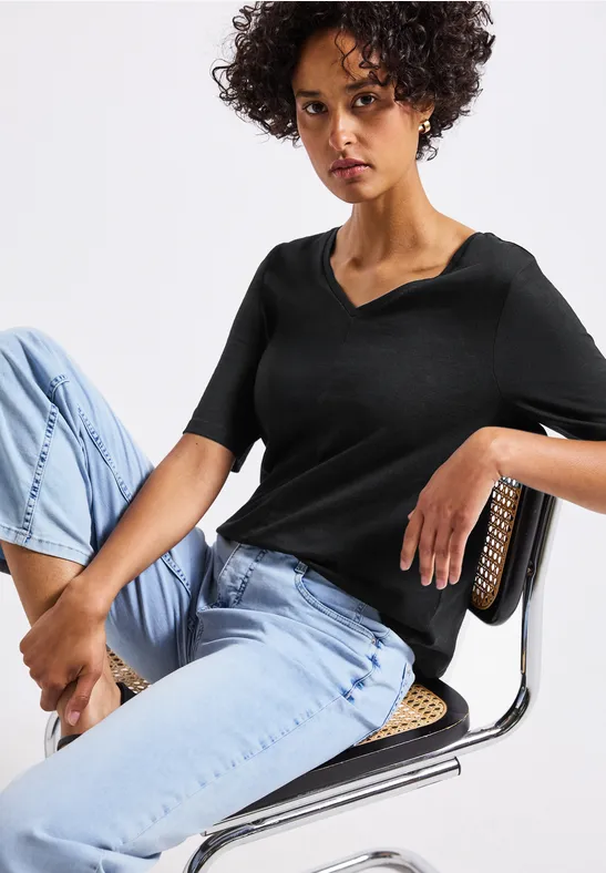 Street One Frauen V-Neck T-Shirt in Schwarz, Gr: 34