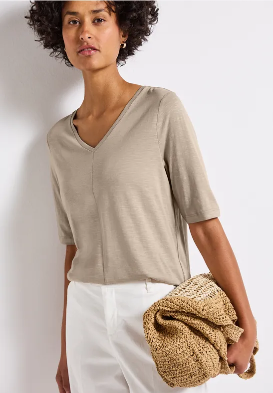 Thumbnail - Street One Frauen V-Neck T-Shirt in Beige, Gr: 36
