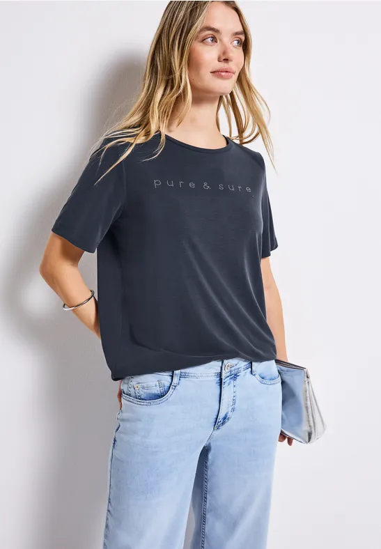 Thumbnail - Street One Frauen Silk-Look Shirt mit Wording in Blau, Gr: 36