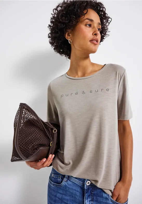 Thumbnail - Street One Frauen Silk-Look Shirt mit Wording in Beige, Gr: 44