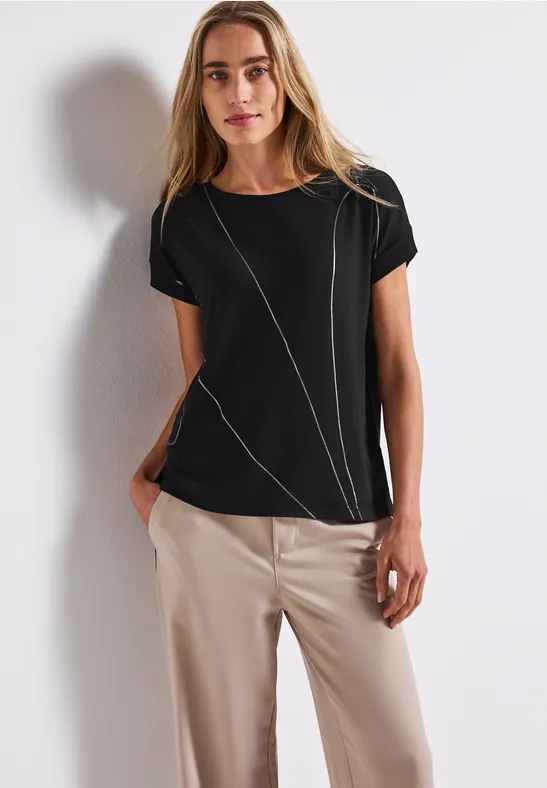 Thumbnail - Street One Frauen Shirt mit feinen Linien in Schwarz, Gr: 38