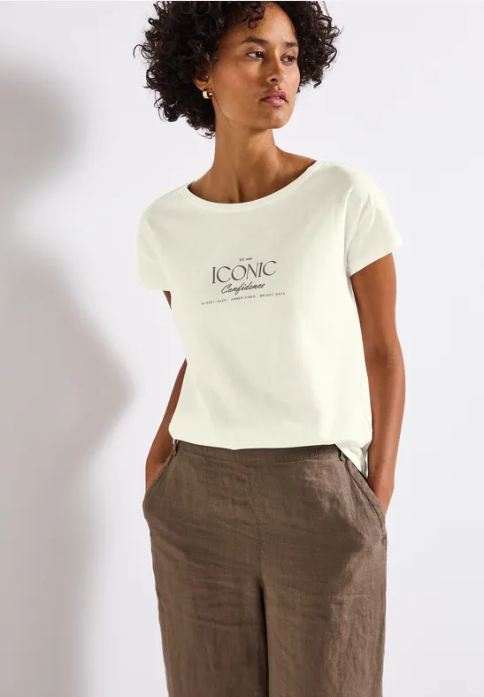 Street One Frauen Shirt mit Wording in Weiß, Gr: 46