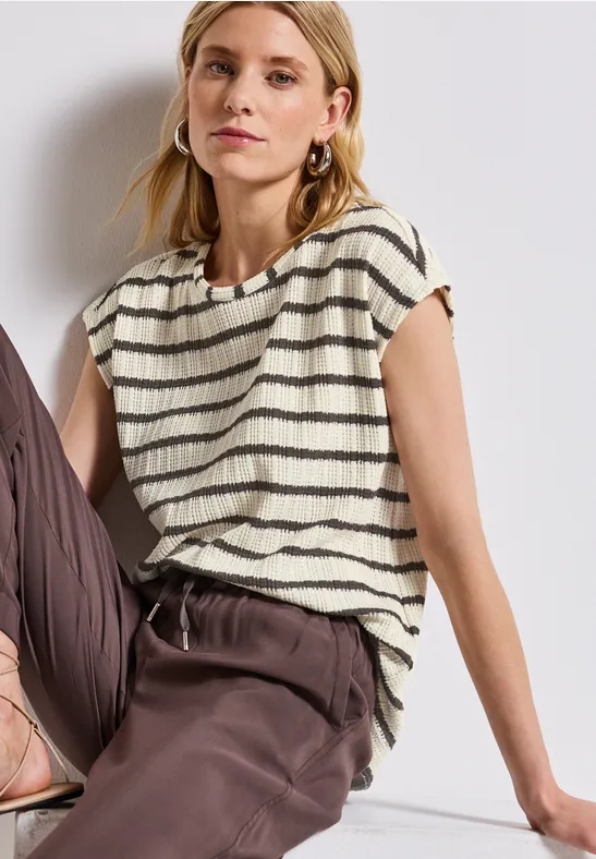 Thumbnail - Street One Frauen Strick-Look Streifen-Shirt in Braun, Gr: 42