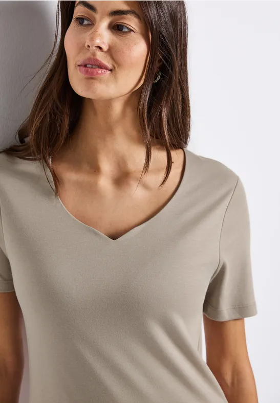 Street One Frauen T-Shirt mit Herzausschnitt in Beige, Gr: 40