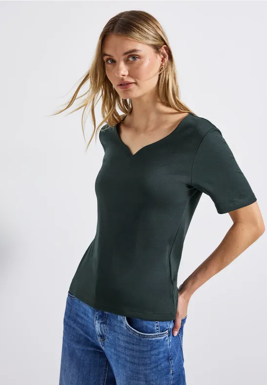 Street One Frauen T-Shirt mit Herzausschnitt in Grün, Gr: 36