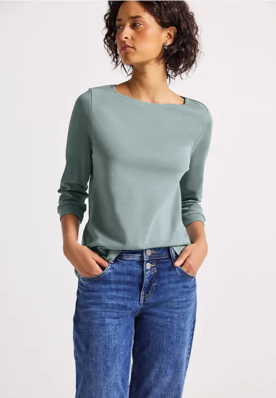 Thumbnail - Street One Frauen Basic U-Boot Shirt in Blau, Gr: 40